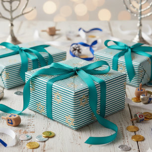 Striped Deep Teal Jewish Gold Star of David Wrapping Paper