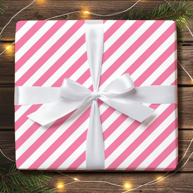 Striped Diagonal Holiday Simple Pink White Wrapping Paper (Creator Uploaded)