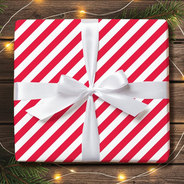 Striped Diagonal Holiday Simple Red White Wrapping Paper (Creator Uploaded)