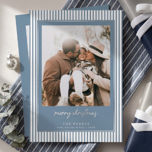 Striped Dusty Blue Merry Christmas Photo Foil Holiday Card