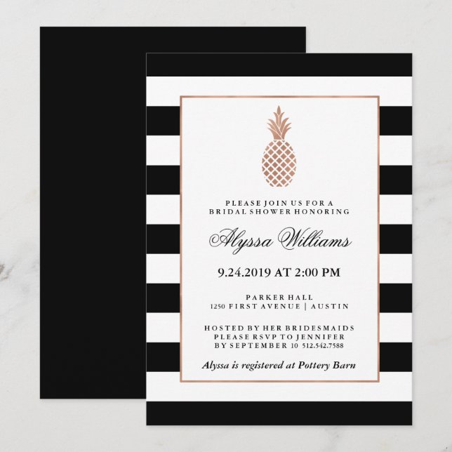 Striped Faux Rose Gold Pineapple Bridal Shower Invitation (Front/Back)
