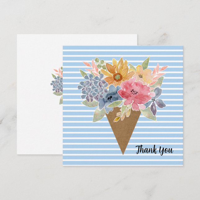 Striped Floral Bouquet Watercolor Thank You Card (Front/Back)