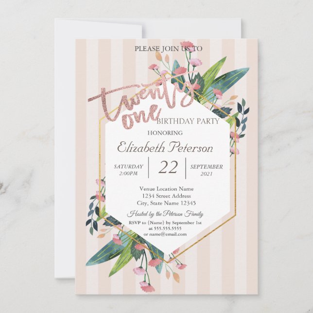 Striped Floral Frame 21st Birthday Party  Invitation (Front)