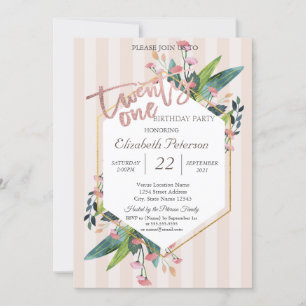 Striped Floral Frame 21st Birthday Party Invitation