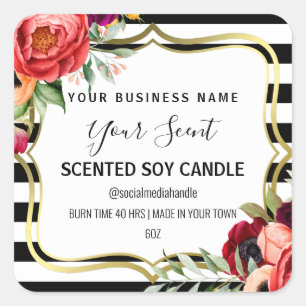 Striped Floral Gold Framed Soy Candle Labels