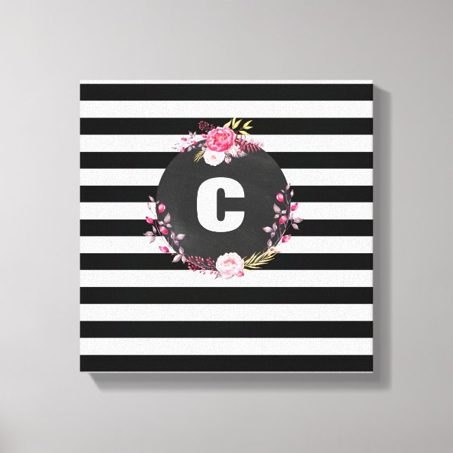 Striped Floral Monogram Premium Wrapped Canvas (Front)