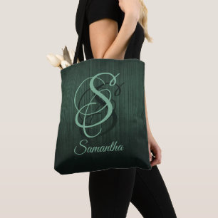 Striped forest green stylish rustic monogram tote bag
