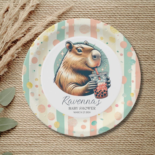 Striped Funny Capybara Custom Name Baby Shower Paper Plate (Creator Uploaded)