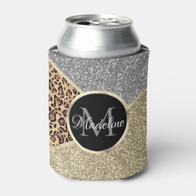 Striped Glitter Leopard Monogram Can Cooler (Can Front)