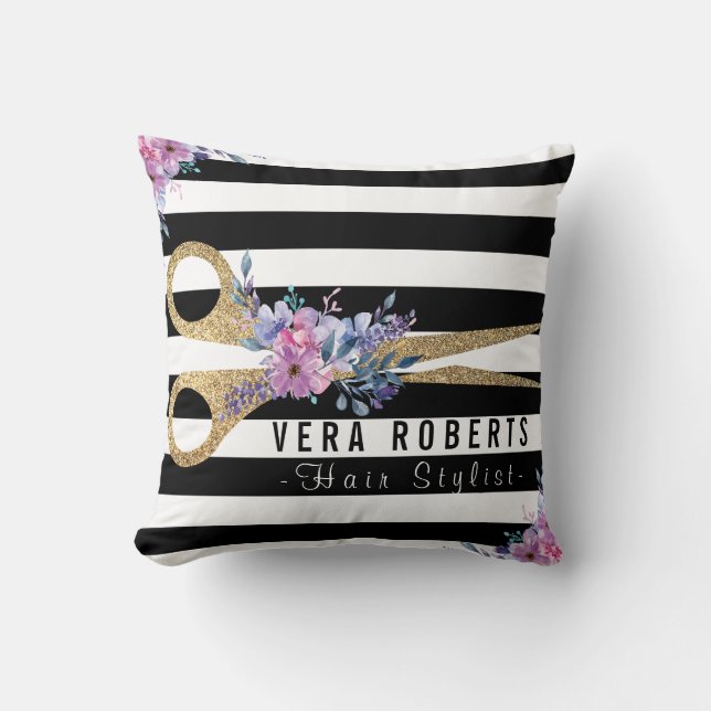 Striped Glitter Scissor Beauty Salon floral Cushion (Front)