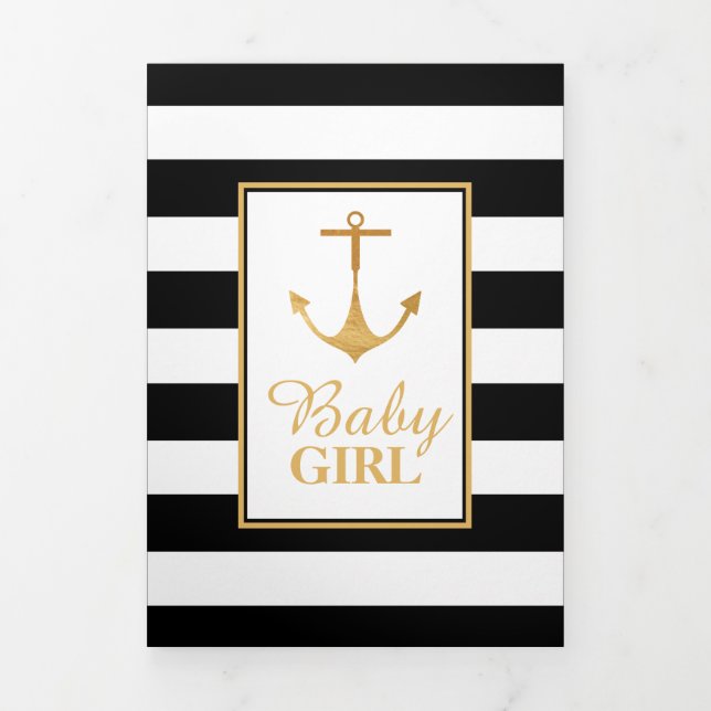 Striped Gold Anchor, 5 Photo Collage Baby Birth Tri-Fold Announcement (Cover)