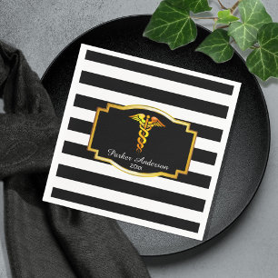 Striped Gold Caduceus Medical Nursing Graduation Napkin