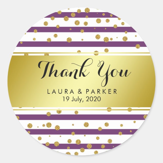 Striped Gold Faux Foil Glitter Thank You Wedding Classic Round Sticker (Front)