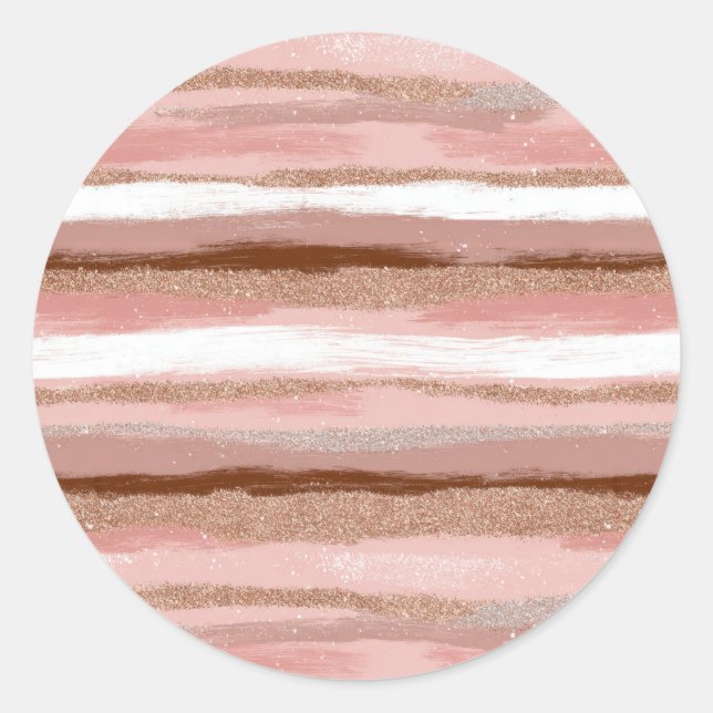 Striped Gold Glitter Pink Classic Round Sticker (Front)