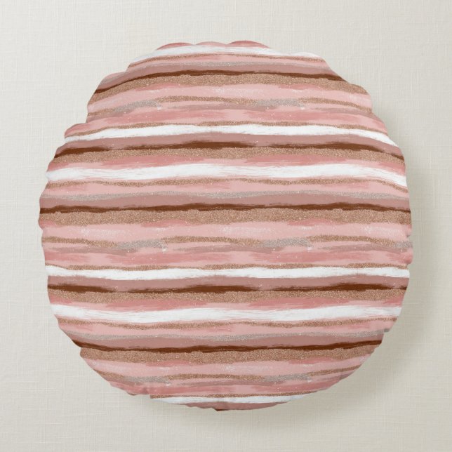 Striped Gold Glitter Pink Round Pillow (Front)