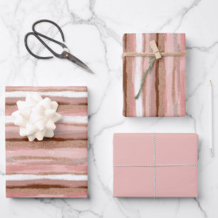 Striped Gold Glitter Pink Wrapping Paper Set