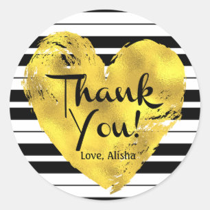 Striped, Gold Heart Thank You Classic Round Sticker