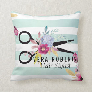 Striped Gold Scissor & Beauty Salon floral Cushion