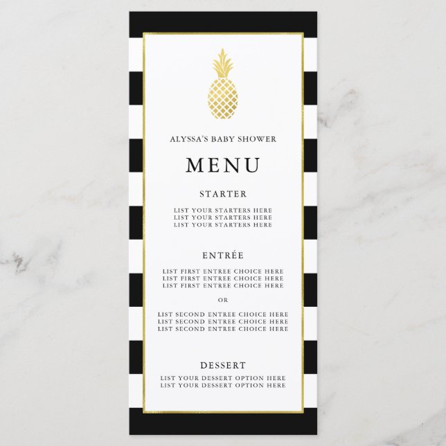 Striped Golden Pineapple Tropical Baby Shower Menu (Front)