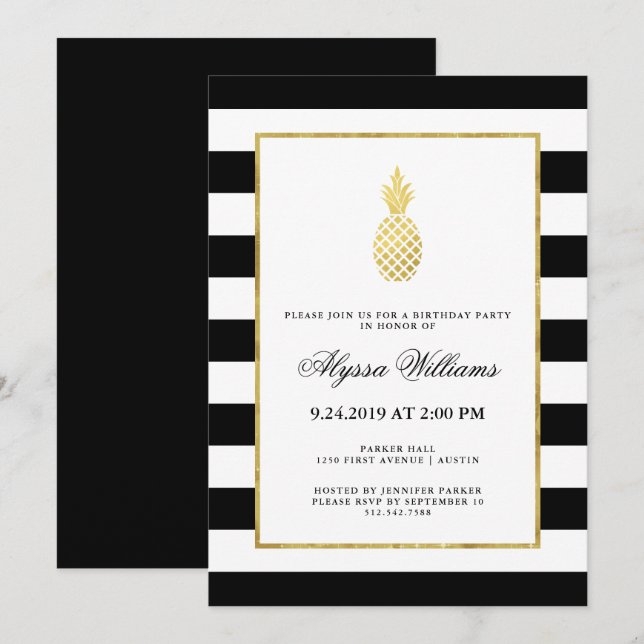 Striped Golden Pineapple Tropical Birthday Party Invitation (Front/Back)