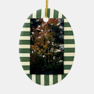 Striped Green Cream Border Fall Leaves Ornament