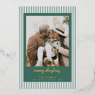 Striped Green Merry Christmas Photo Foil Holiday Card