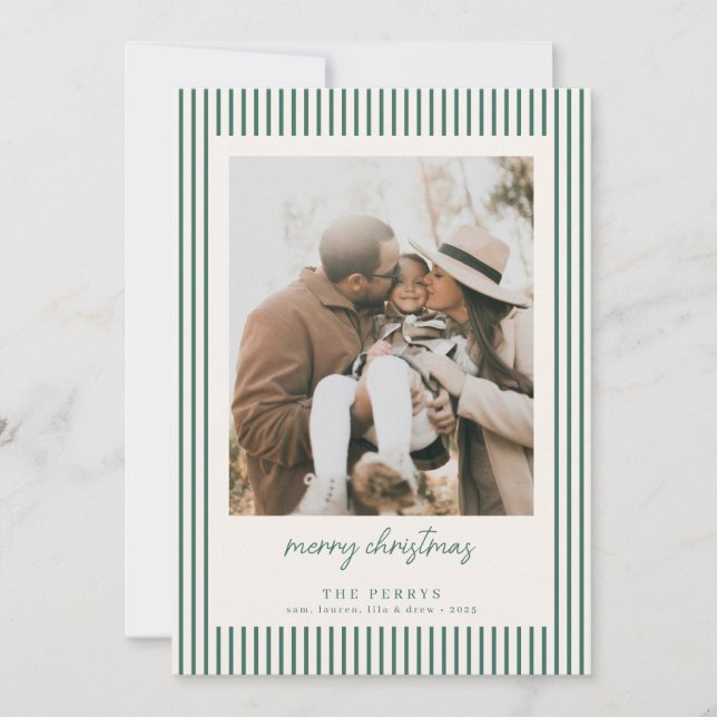 Striped Green Merry Christmas Photo Holiday Card (Front)