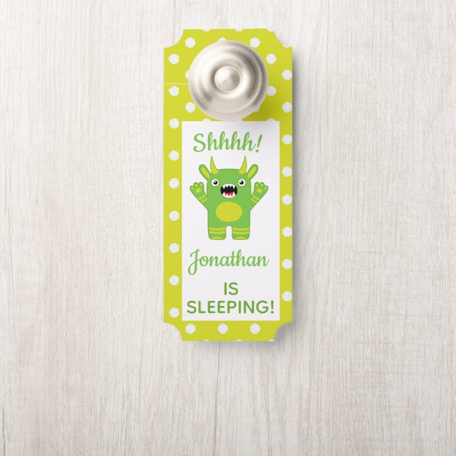 Striped Green Monster  Shhh! Baby Is Sleeping Door Hanger (On Knob)