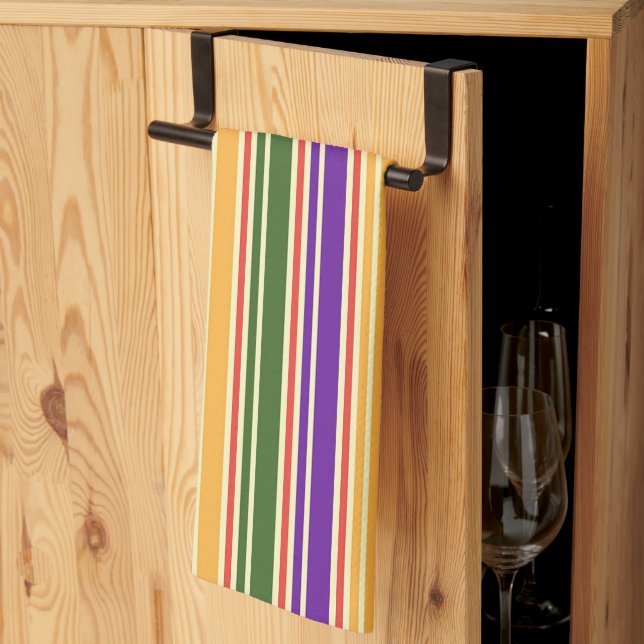 STRIPED GREEN RED PURPLE YELLOW TEA TOWEL (Thirds Fold)