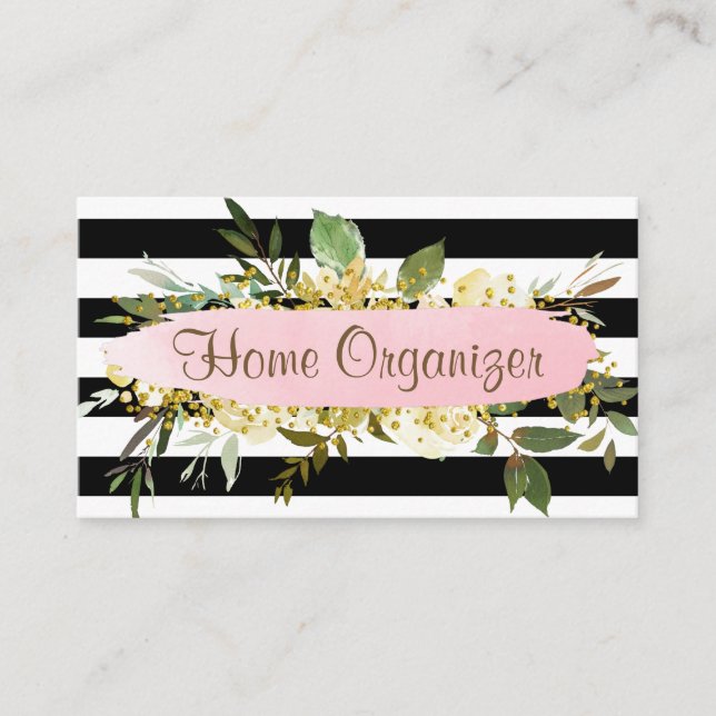 Striped Greenery Home Organizer And De-clutter Business Card (Front)