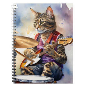 Striped Grey Tabby Cat Rock Star Playing Guitar  Notebook