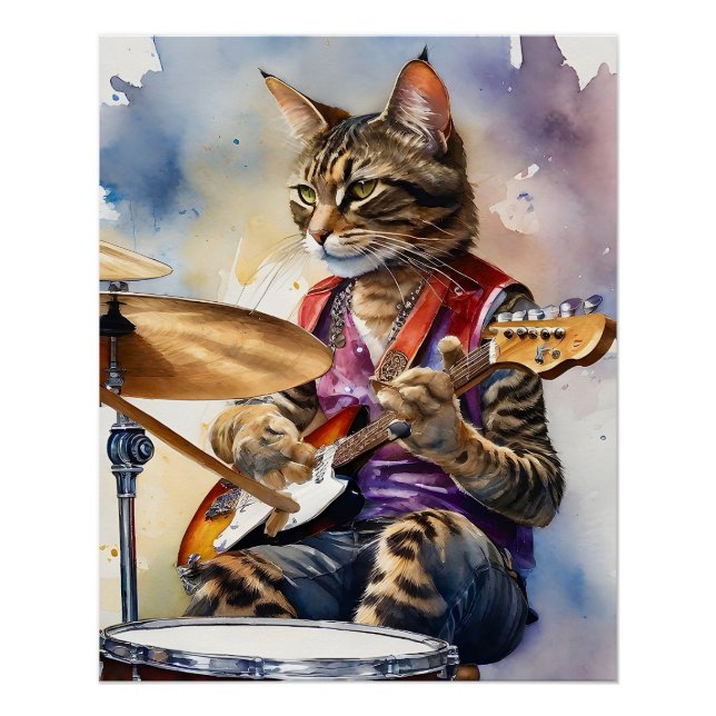 Striped Grey Tabby Cat Rock Star Playing Guitar  Poster (Front)