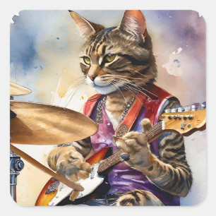 Striped Grey Tabby Cat Rock Star Playing Guitar  Square Sticker