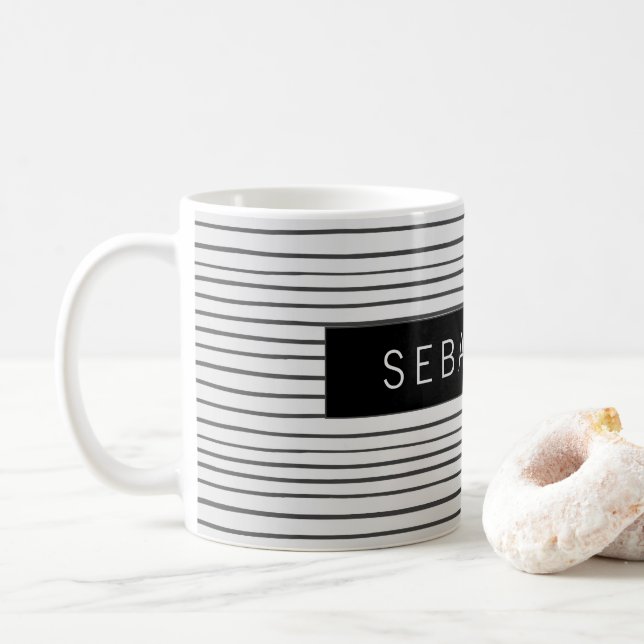 Striped Grey White Pattern Personalised Coffee Mug (With Donut)