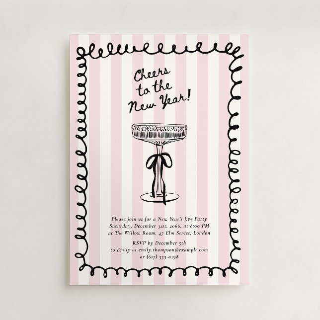 Striped  Hand Drawn Champagne Glass New Year party Invitation (Creator Uploaded)