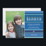 Striped Hanukkah Candles Holiday Card<br><div class="desc">A menorah is rendered using typography on this striped Hanukkah flat greeting card. The word "Happy" is on its side serving as the Shamash, while the other letters spelling out "Hanukkah" serve as the eight Hanukkah candles. The blue tonal striped background is reminiscent of a tallit. Add your photo and...</div>