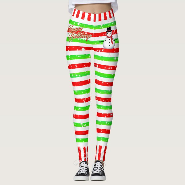 Striped Happy Festive with Snowman and Snowflakes Leggings (Front)