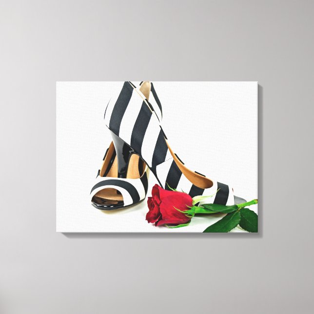striped high heels with red rose canvas print (Front)
