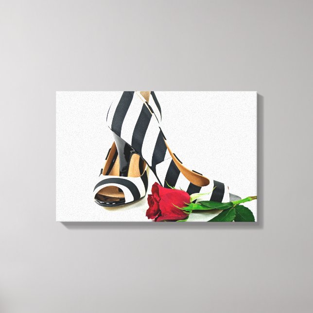 striped high heels with red rose canvas print (Front)