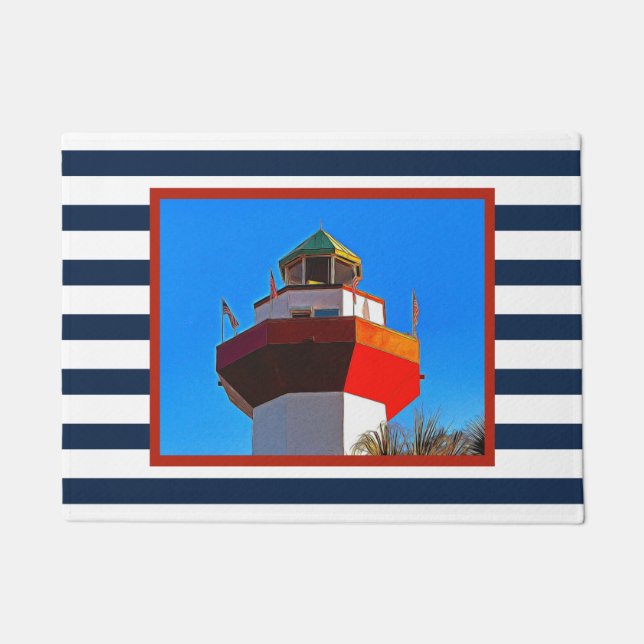 Striped Hilton Head Island Harbour Town Lighthouse Doormat (Front)