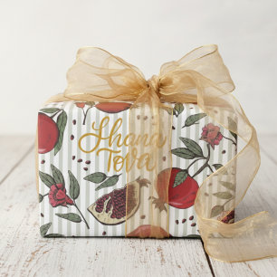 Striped Jewish New Year Shanah Tovah Pomegranate Wrapping Paper
