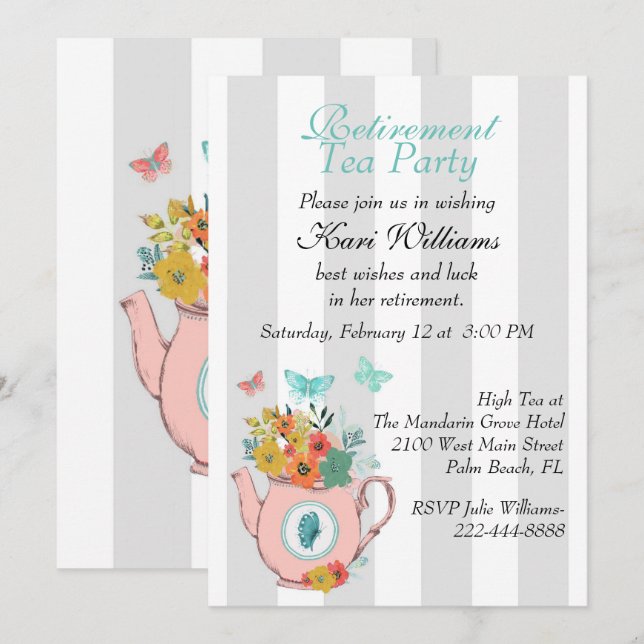 Striped Ladies Retirement Tea Party Invitation (Front/Back)