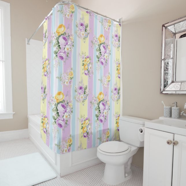 Striped Lavender Floral Shower Curtain (In Situ)