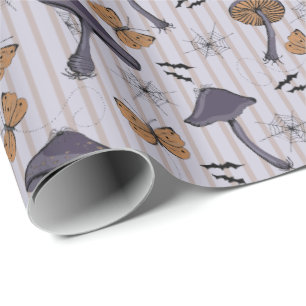 Striped Lavender Halloween Mushroom and Butterfly Wrapping Paper