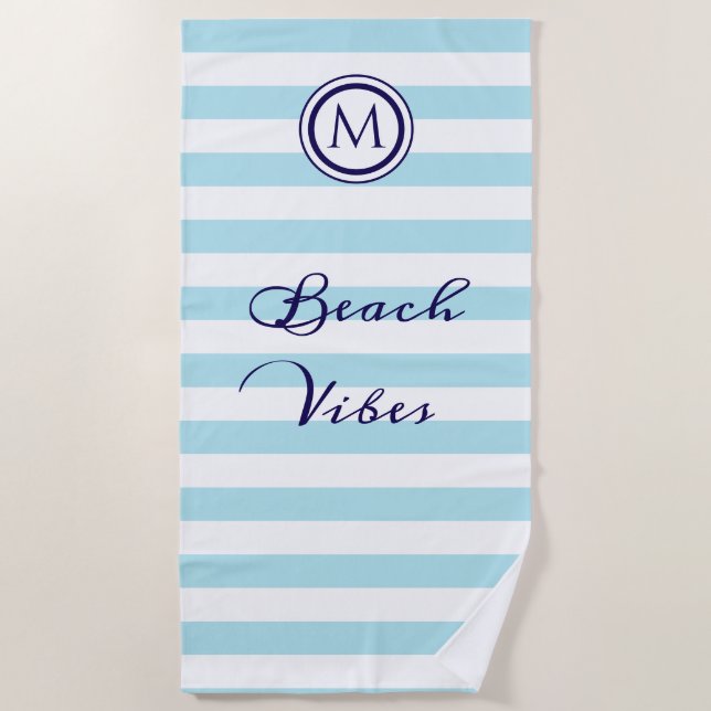 Striped Light Blue and White Nautical Coastal Chic Beach Towel (Front)