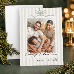 Striped Light Sage Merry Christmas 3-Photo Holiday Card