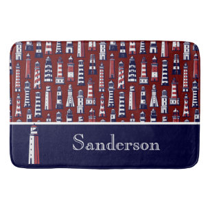 Striped Lighthouse Nautical Navy Blue Grey Red Bath Mat