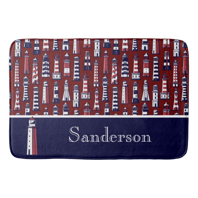 Striped Lighthouse Nautical Navy Blue Grey Red Bath Mat (Front)