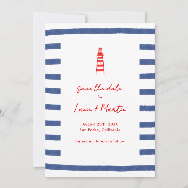 Striped Lighthouse Red Blue East Coast Save The Date (Front)