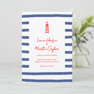 Striped Lighthouse Red Blue East Coast Wedding Invitation